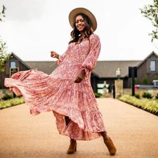 OPT One Pretty Time Floral Boho Midi Dress Pink Cottagecore NEW