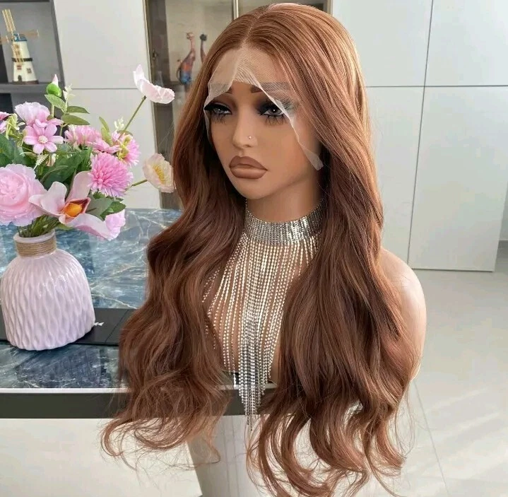 Long HD Transparent Lace Front Wig Auburn Red Red Blonde Human Hair Wavy Curls - Image 3 of 4