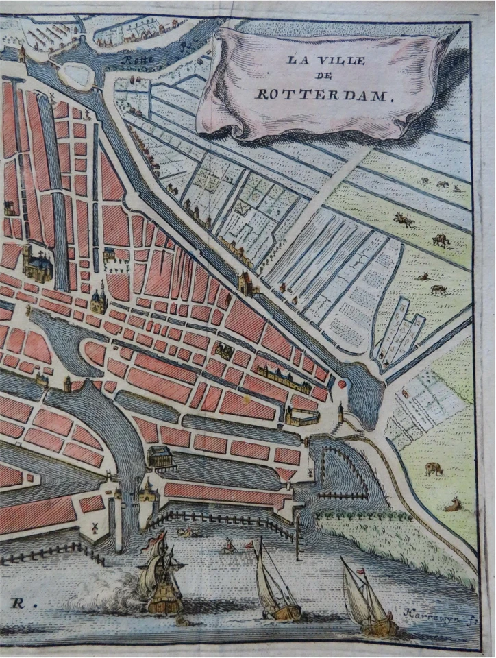 鹿特丹荷兰荷兰荷兰 1720 Harrewijn 装饰城市规划地图 — 第 3/4 张图片