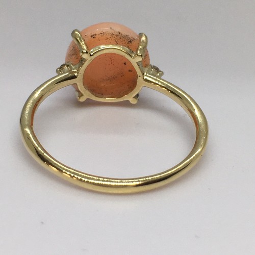 14K Yellow Gold 10 mm Natural Angel Skin Coral Diamond 3 stone Ring - Picture 2 of 4
