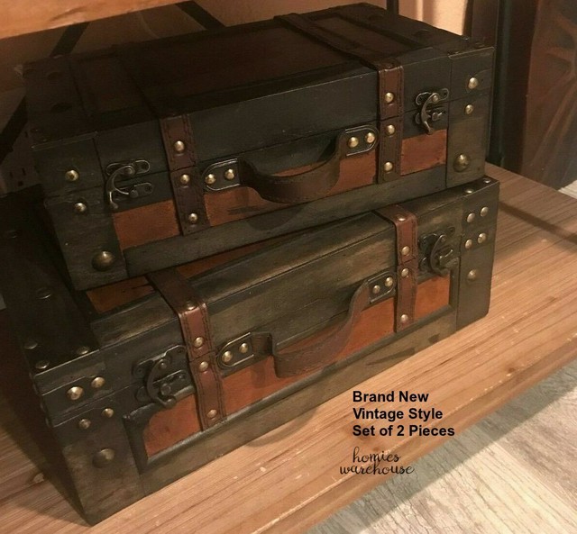 Premium Leather Suitcase Wood Antique Vintage Storage Box Case Bag Luggage Train