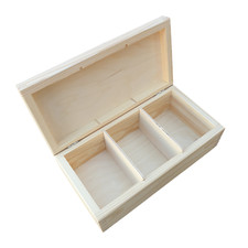WOODEN BOX, TEA BOX, TREE COMPARTMENTS,- DECOUPAGE / UNPAINTED
