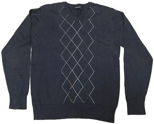 MENS GREY ARGYLE V-NECK JUMPER MEDIUM