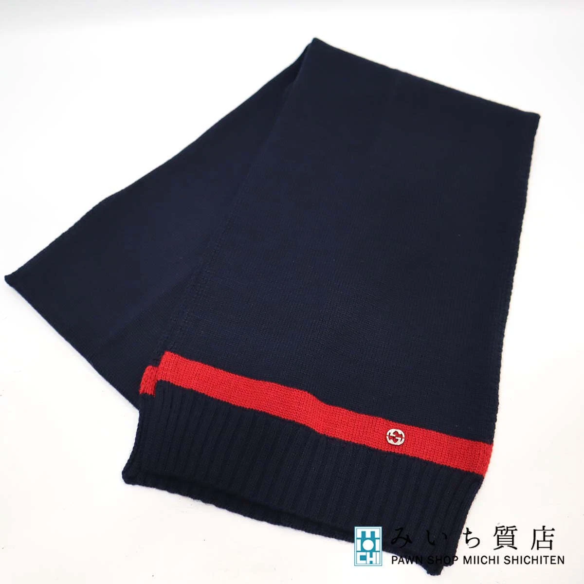 Gucci M1565 écharpe marine rouge GG logo laine tricot ligne 180 cm protection contre le froid