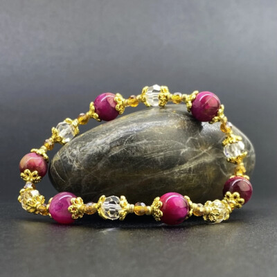 Armband Tigerauge rosa Natursteine Kristall Tibet Perlen vergoldet 