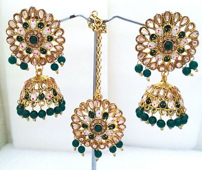 Maang Tikka Tikka And Earring Set Uk Green Kundan Pippal Patti