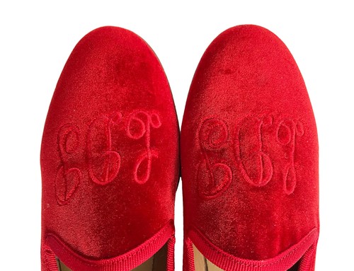 DEL TORO Smoking Slippers Red Velvet Flats Italy Monogrammed "LDP" Womens Sz 8 - Picture 5 of 10