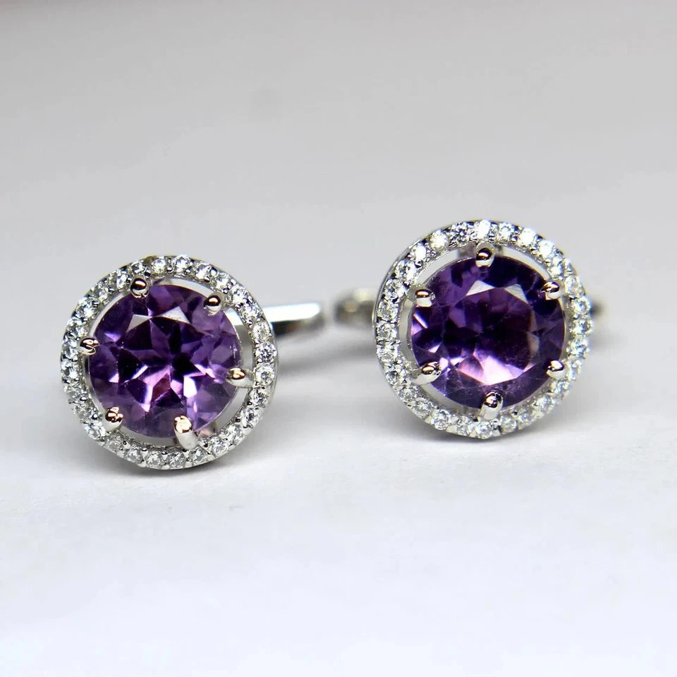 天然紫色紫水晶宝石 925 纯银袖扣礼物送给男朋友 — 第 3/3 张图片