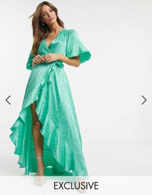 Flounce London ruffle wrap midi dress in green | eBay Australia