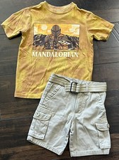 Boys Star Wars The Mandalorian T-Shirt Khaki Cargo Shorts Size 4/5 Summer Outfit