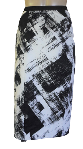 PORTMANS Sz 8 Black White Abstract Crosshatch Office Midi Pencil Skirt NEW - Foto 2 di 3