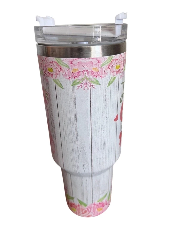 Vaso aislante de acero inoxidable floral rosa personalizado con mango y tapa diseño de cerdo Foto 3 de 4