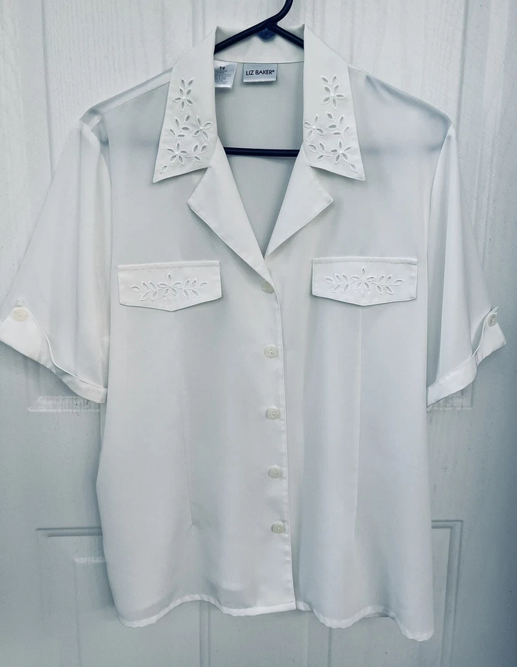 Blusa Liz Baker Blanca Talla 14 Bordada Encaje Elegante Botón Secretaria Foto 4 de 4