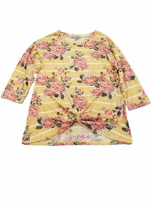 Womens Yellow & Red Rose Flower Stripe Print Ribbed Stretch Shirt Top Blouse