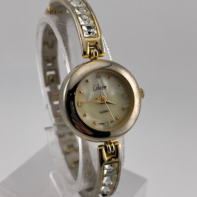 Collezio Womens Watch 22mm Two Tone Case Band Gem Set Bezel Pearl Look Quartz