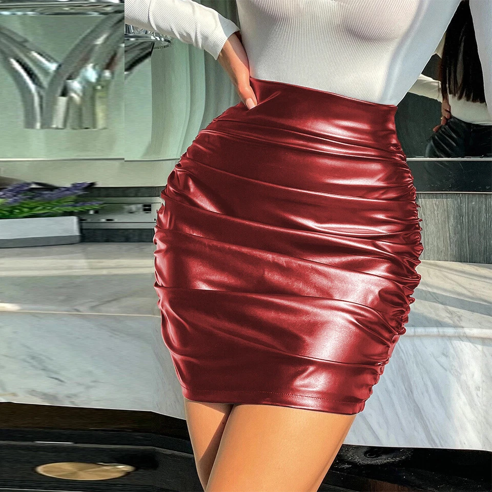 Pencil Skirt High Waist Ruched Wrap Clubwear Women PU Leather Bodycon Short Mini - Image 3 of 4