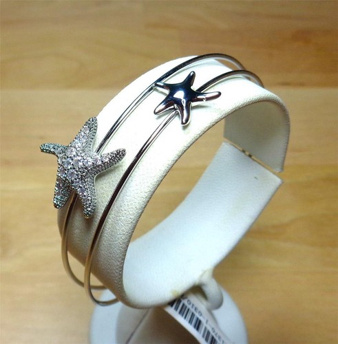 BEACH FASHION SILVER TONE RHODIUM STARFISH AND SPARKLING WHITE CZ CUFF BRACELET - Picture 5 of 6