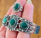 Vtg FRED HARVEY ERA Navajo Green Turquoise Sterling silver Bracelet Cuff + Ring