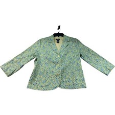 VanHeusen Blazer Womens Size Medium Yellow Floral 3/4 Sleeve Pockets 100 Cotton