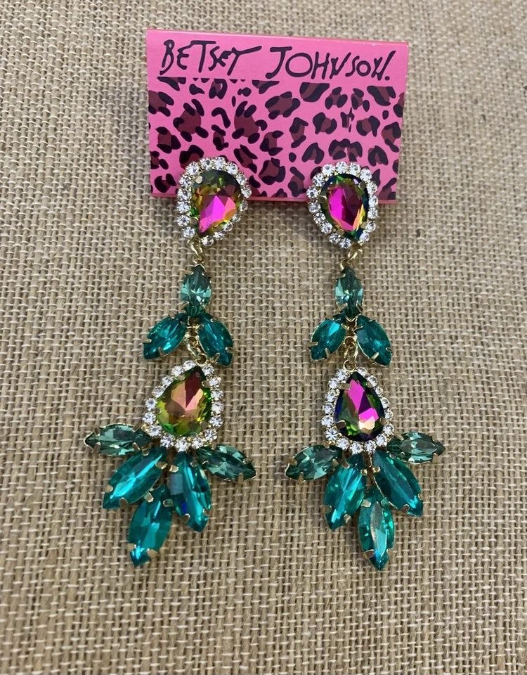 优雅的水钻吊坠耳环金色蓝绿色粉色 AB Betsey Johnson — 第 2/4 张图片