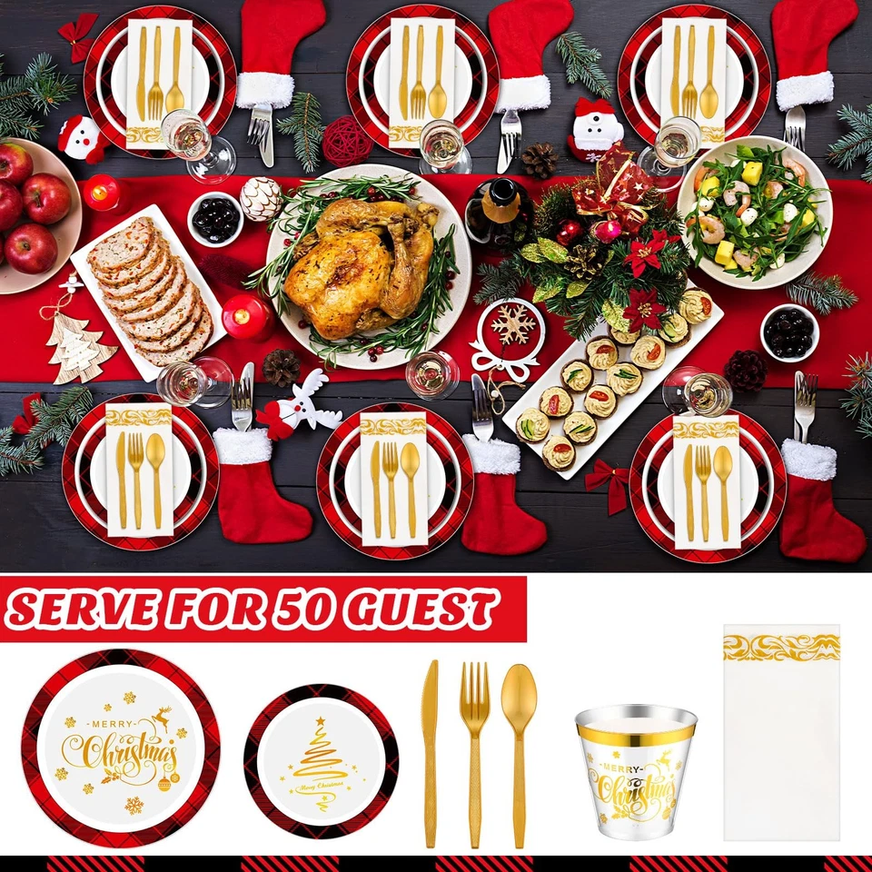 Juego de 350 platos de plástico navideño desechables de vajilla de plástico navideño... Foto 4 de 4