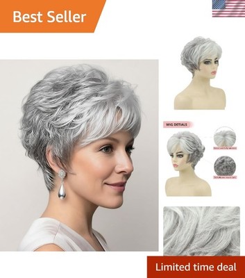 Elegant Short Grey Wig with Bangs - Curly Pixie Cut for Women, Heat Resistant