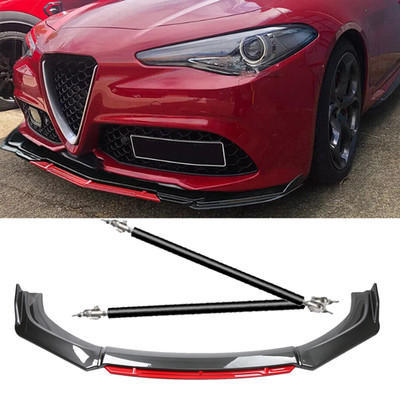For Alfa Romeo Giulia Carbon Red Front Bumper Lip Spoiler Splitter + Strut Rods