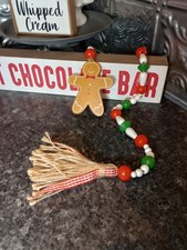 Gingerbread Man Christmas Garland Twine Tassel Wooden Holiday Balls White Green