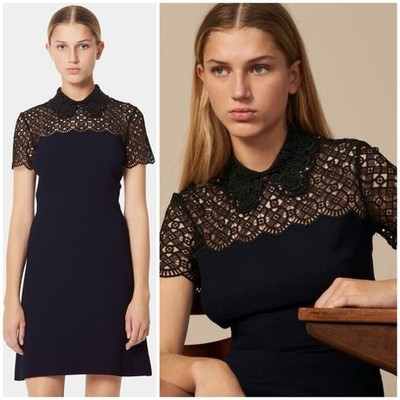 Sandro Iberia Embellished Lace Dress In Deep Navy SZ EU 36, US 4, S