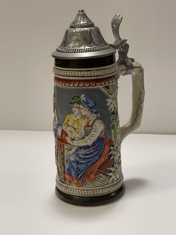 Vintage Gerz Beer Stein 9" West Germany Pewter Lidded Hand Painted Scene!