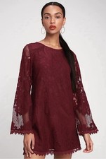 Lulus Small Can't Forget You Burgundy Lace Bell Sleeve Shift Dress Party Dressy