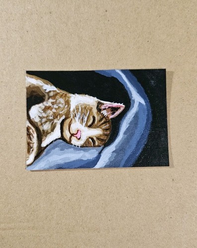 ACEO Sleeping Cat Mini Painting Original Acrylic Kitten Art By Rachel Jacob