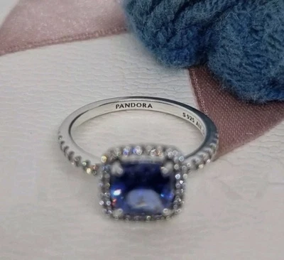 PANDORA x Pave Sparkling Square Blue Halo Ring S925 ECHTSILBER - Bild 1 von 4