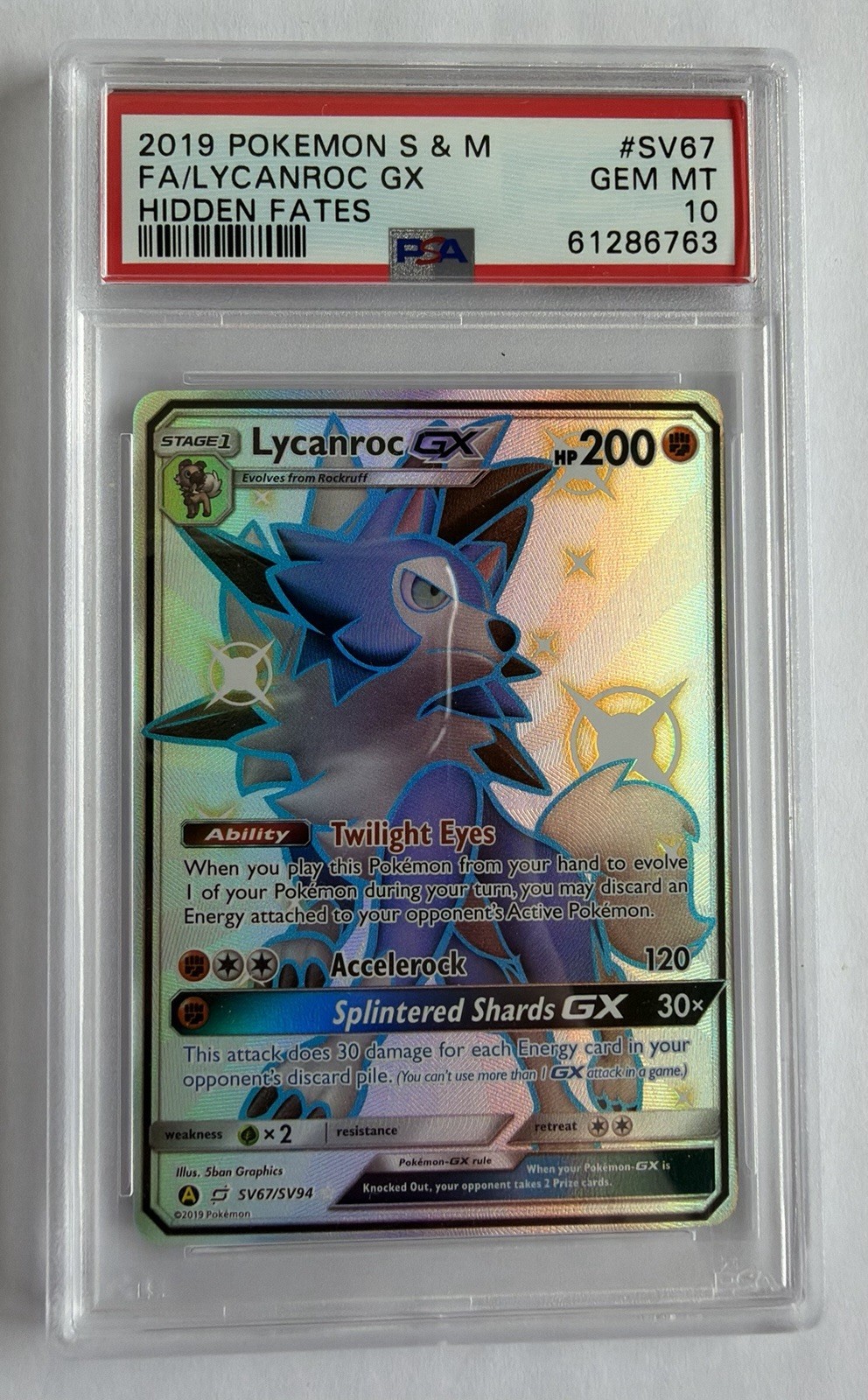Pokémon TCG Lycanroc GX Full Art Card SV67/SV94 Hidden Fates Shiny Vault PSA 10