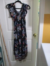 Fashion Boho Black Paisley Hi Lo Hem Peasant Smock Under Bust Tie Neckline- M