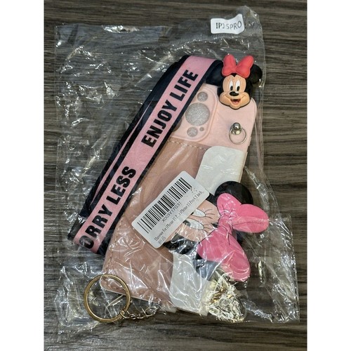 Minnie Mouse Enjoy Life iPhone 15 Pro Case Card Slot Pocket Stand & Strap New