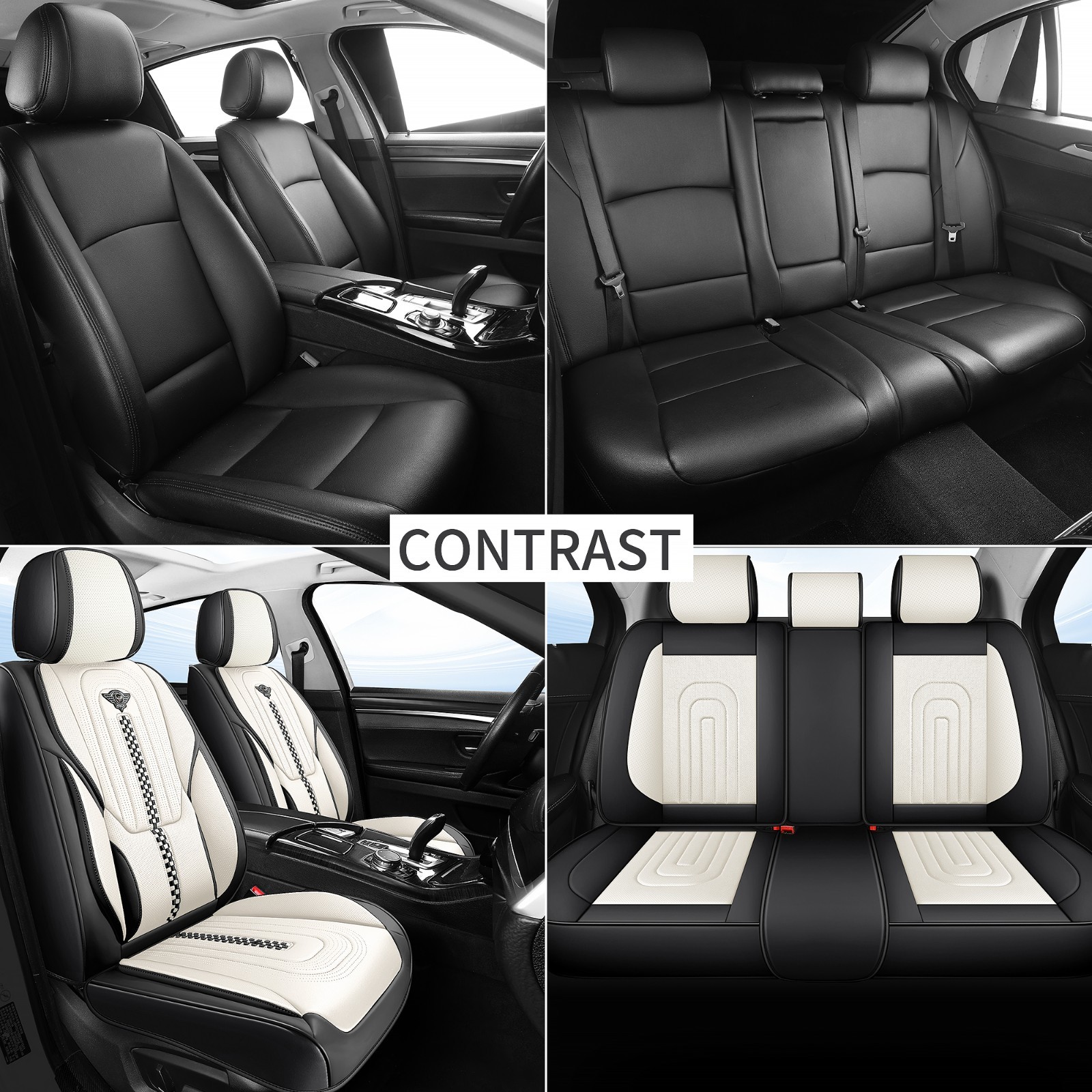 Menifomory Leather Seat Covers with Lumbar Support Fit Car Auto SUV Black+White