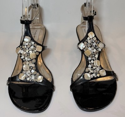 AJ Valenci Built for Comfort Black Patent Beaded T Strap Wedge Sandals 10M