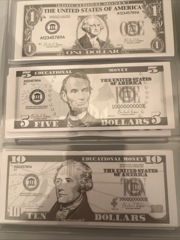Monedas y billetes educativos de dinero ficticio moneda de EE. UU. (75 billetes y 101 monedas) 3+ NUEVO Foto 3 de 4