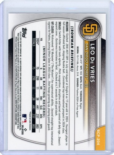 Leo De Vries 2025 Bowman Chrome Geometric Refractor Purple 222/250 Padres - Picture 2 of 2