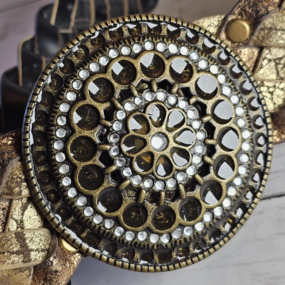 Metallic Medallion Braided Belt Womens XL Gold Silver Sparkle Rhinestone Studded - Image 4 of 4
