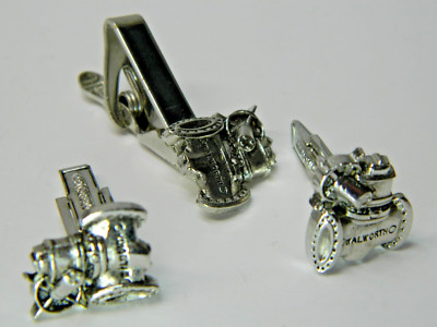 SILVER & BLACK tone Mercury Industries WALWORTH VALVE cufflink necktie clip set