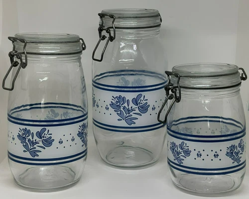 VTG Pfaltzgraff Yorktowne Glass Canister Set of 3 Hinged Swing 1.5 L, 1 L, 2L