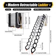 12 Steps Wall Mounted Folding Ladder Loft Stair Attic Steps Pull Down 882lb Load