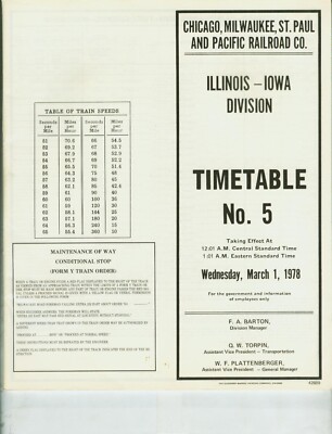 MILWAUKEE ROAD CMStP&P  R.R.  ETT TIMETABLE ILLINOIS-IOWA DIV. #5  3-1-1978.