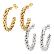 Stainless Steel Half Hoop Earrings Stud Hypoallergenic Twisted Ring Gold Z280