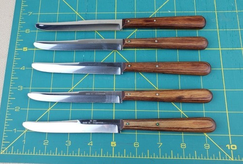 Set of 5 Case XX CA 254 Chromium Bullnose Steak Knives Wood Handles w/ Wood Rack - Picture 3 of 12