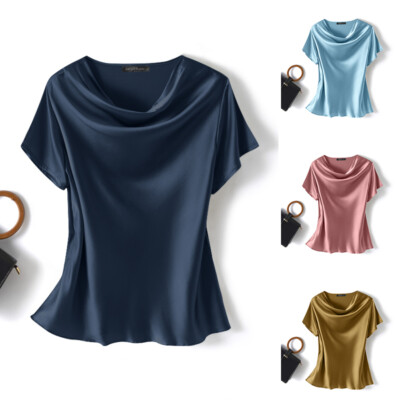 UK Women Summer Satin Silky Tops Short Sleeve Cowl Neck Party Gown Shirts  Blouse UK