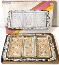 Vintage Irvinware USA Retro Etched Relish Serving Tray With 3 Glass Dishes