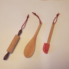 Set Of 3 Christmas Kitchen Themed Ornaments Wooden Spoon Rolling Pin  Spatula